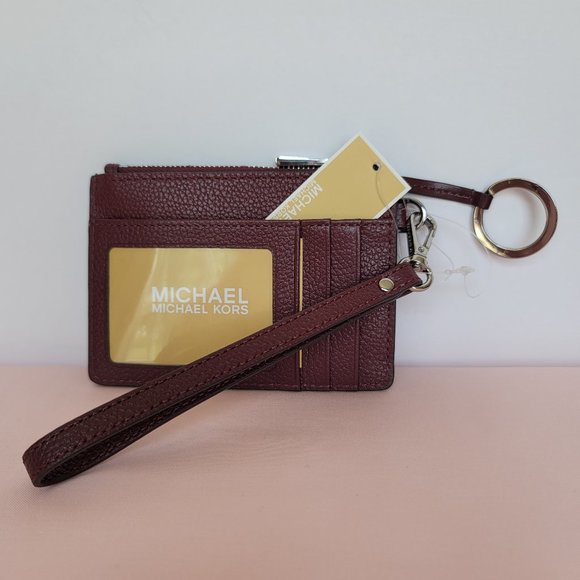 MICHAEL KORS Small Top-Zip Coin Pouch with ID Holder Pebbled Leather-Merlot⭐$69 - Picture 3 of 16